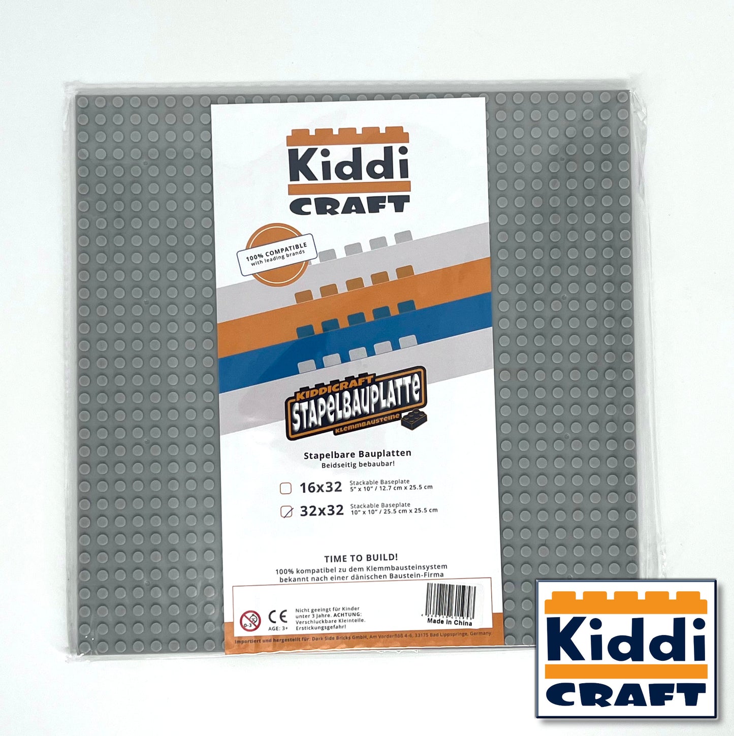 Kiddicraft KC32LGSA - Stackable baseplate 32 x 32 studs (25.5 x 25.5cm) Light Gray
